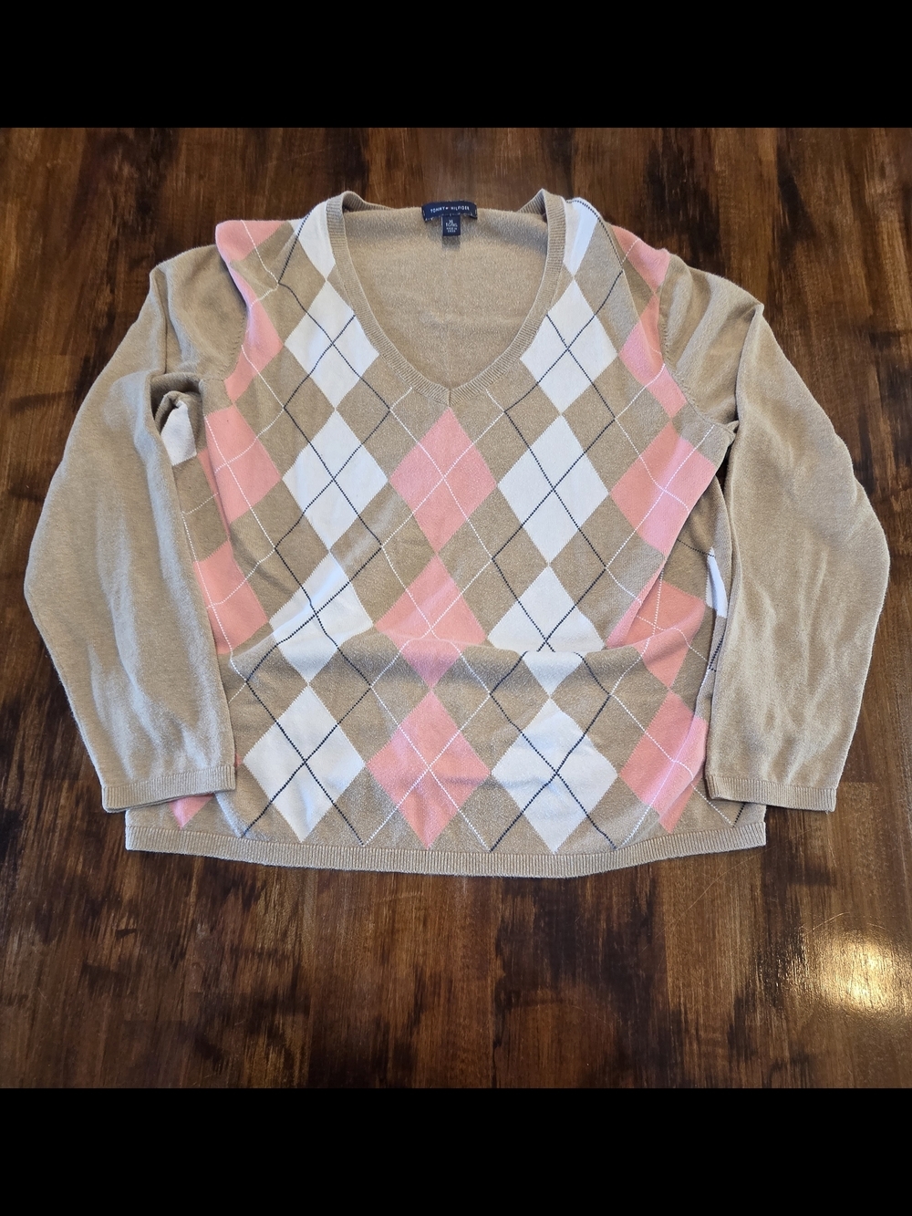 Y2K Tommy Hilfiger Women's Cotton Argyle V-Neck Long Sleeve Sweater, Size XL